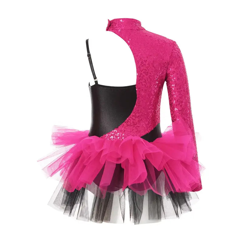 Hot pink and black dance costume with sequins and tulle skirt.