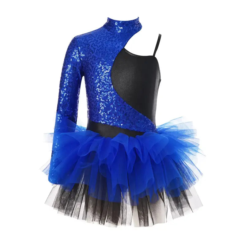 Asymmetrical dance costume featuring royal blue sequins, black panels, and a layered tulle tutu skirt.