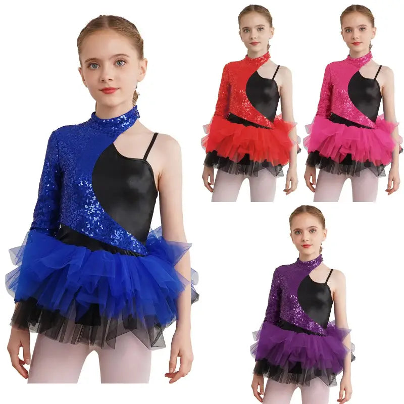 Dance costume featuring a sequined asymmetrical bodice, tulle tutu skirt, and single long sleeve in various colors.