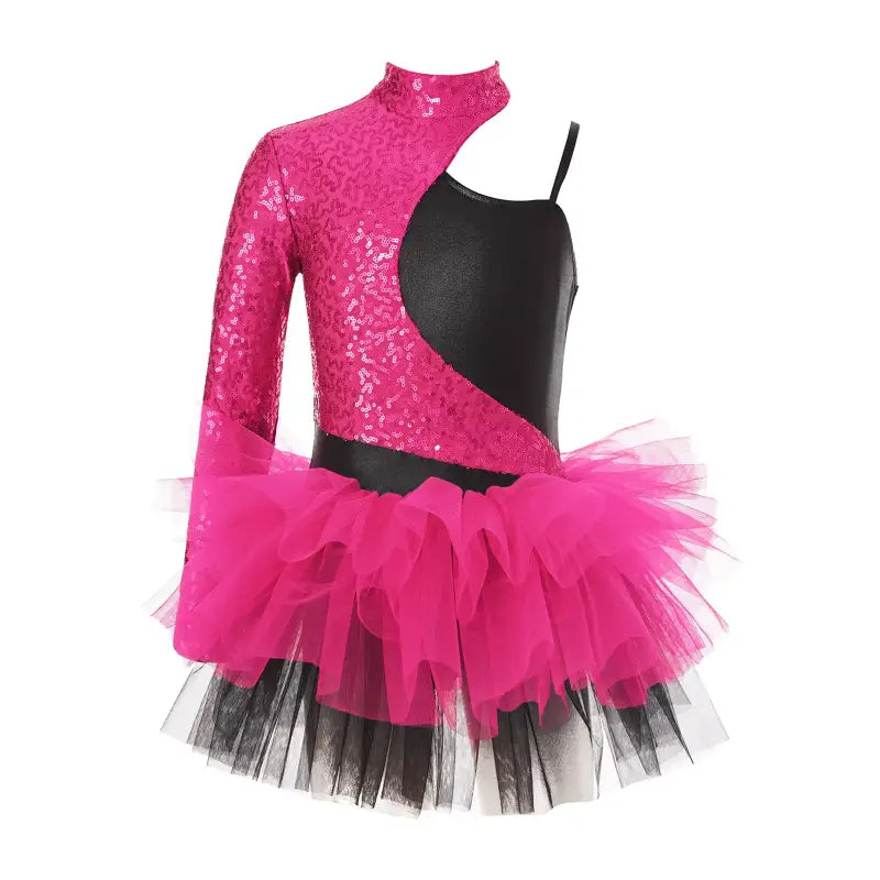 Hot pink and black dance costume with sequins, asymmetrical top, and layered tulle tutu skirt.
