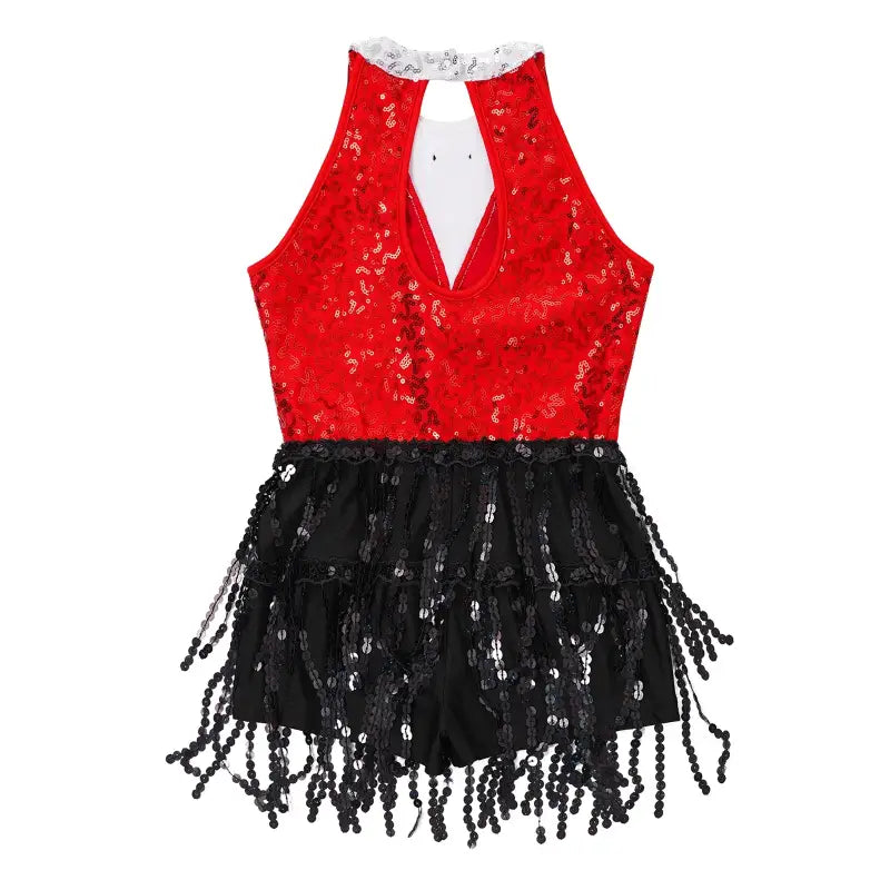 Red and black sequined dance outfit.