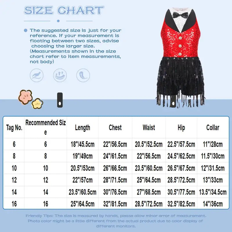 Size chart for a sequined dance outfit.