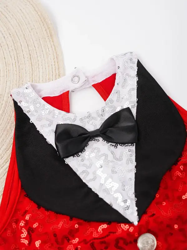 Red sequined dress with tuxedo collar.