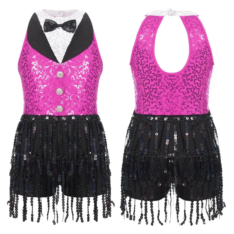 Pink sequined dance costume with tuxedo-style bodice and fringed shorts.