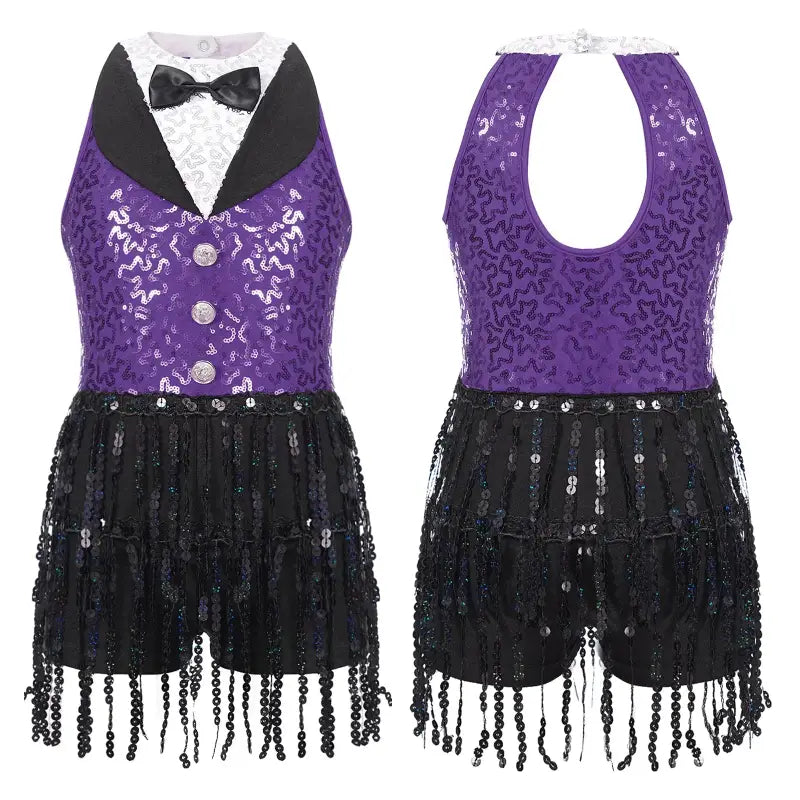 Purple sequined dance costume with tuxedo design.