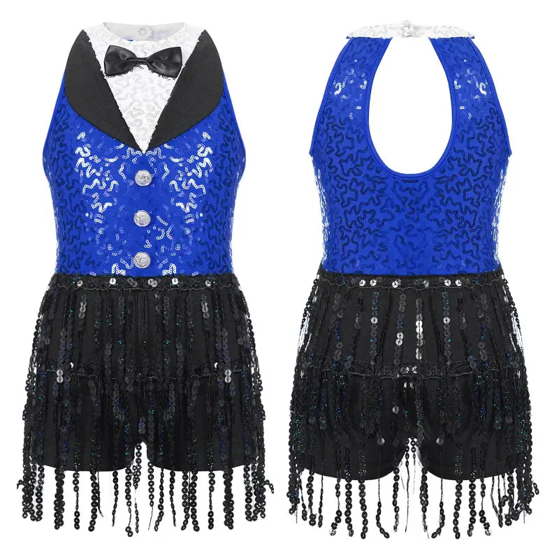 Blue sequined dance costume with tuxedo-style bodice and fringed shorts.