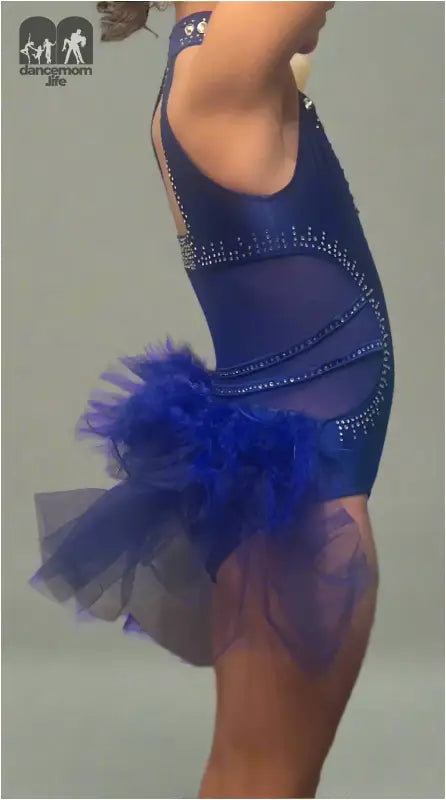 Blue figure skating dress with sparkly embellishments and a fluffy tulle skirt.