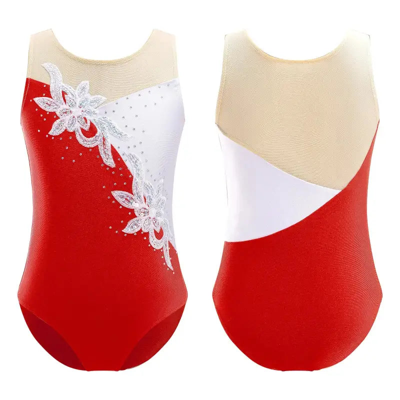 Red, white and beige gymnastics leotard with floral lace appliqué detailing.