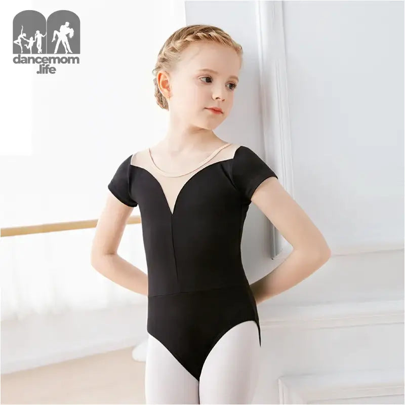 Black ballet leotard with mesh insert and cap sleeves.