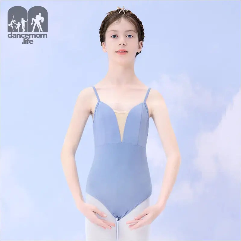 Powder blue ballet leotard with spaghetti straps and a plunging mesh neckline.