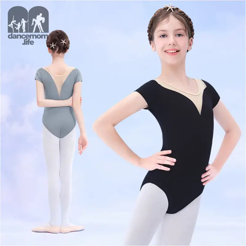 Ballet leotard with asymmetrical neckline design shown in black and gray colors.