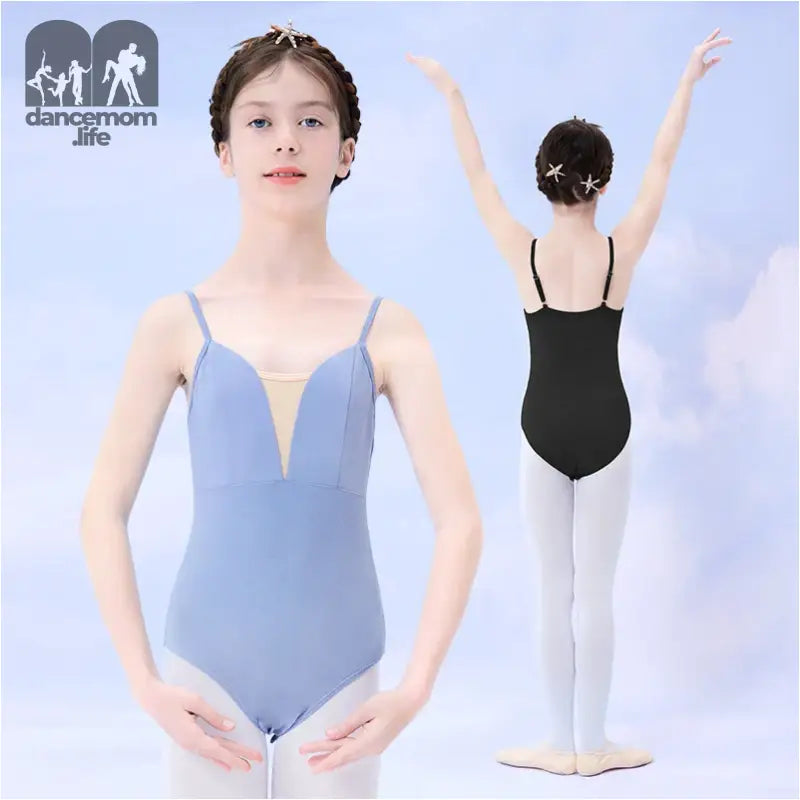 Ballet leotard with thin straps and a plunging mesh V-neckline.