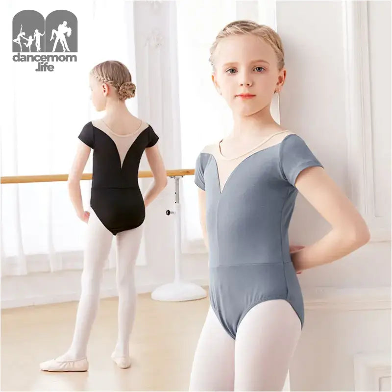 Ballet leotards in black and gray with v-neck designs and short sleeves.