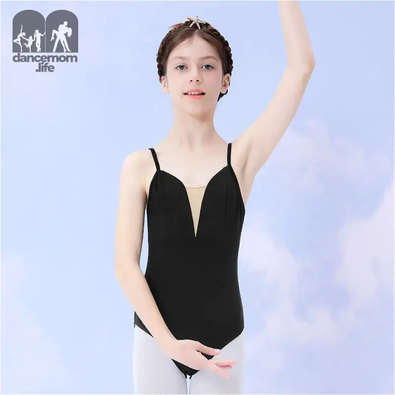 Black ballet leotard with spaghetti straps and a plunging neckline.