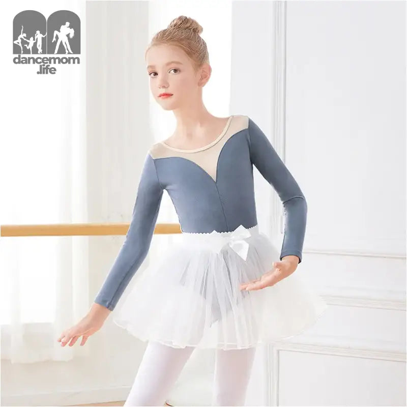 Ballet dancer wearing a blue leotard with mesh detail and white tulle skirt.