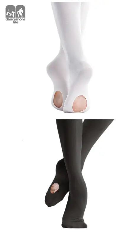 Ballet or dance tights with convertible holes in the soles.