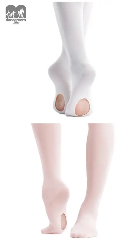 Ballet tights with split-sole design in white and pink colors.