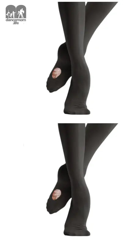 Black dance tights with convertible foot openings.