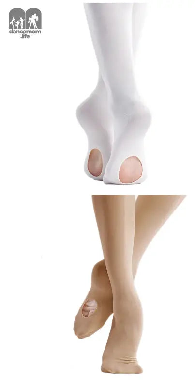 Ballet or dance tights in both white and nude/beige colors with convertible toe openings.