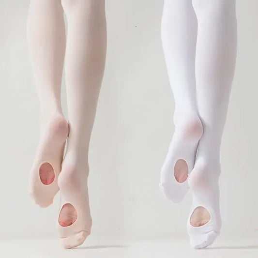 Ballet tights in pink and white with holes for the feet.