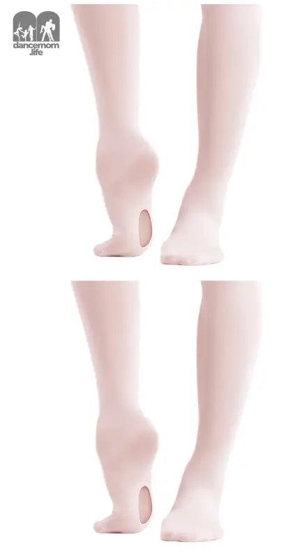 Pink ballet tights shown from ankle to calf in two identical views.