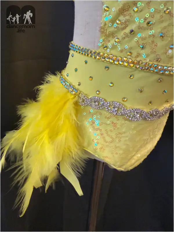 Yellow feathered dance costume adorned with rhinestones and sparkly embellishments.