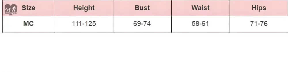 Size chart showing body measurements for MC size with height, bust, waist and hips dimensions.