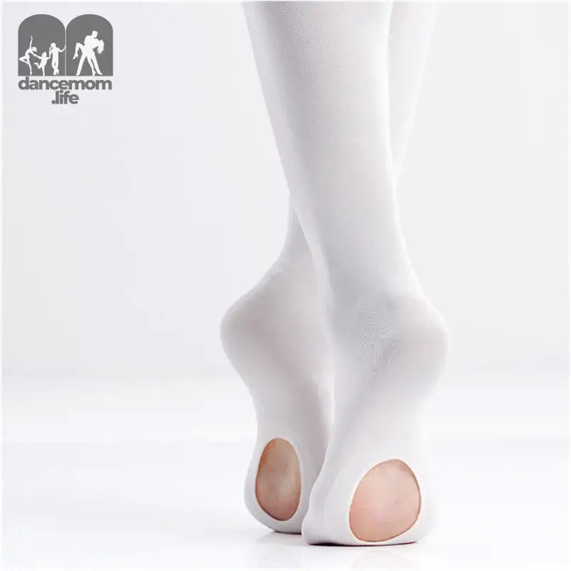 White ballet tights with holes in the heels.