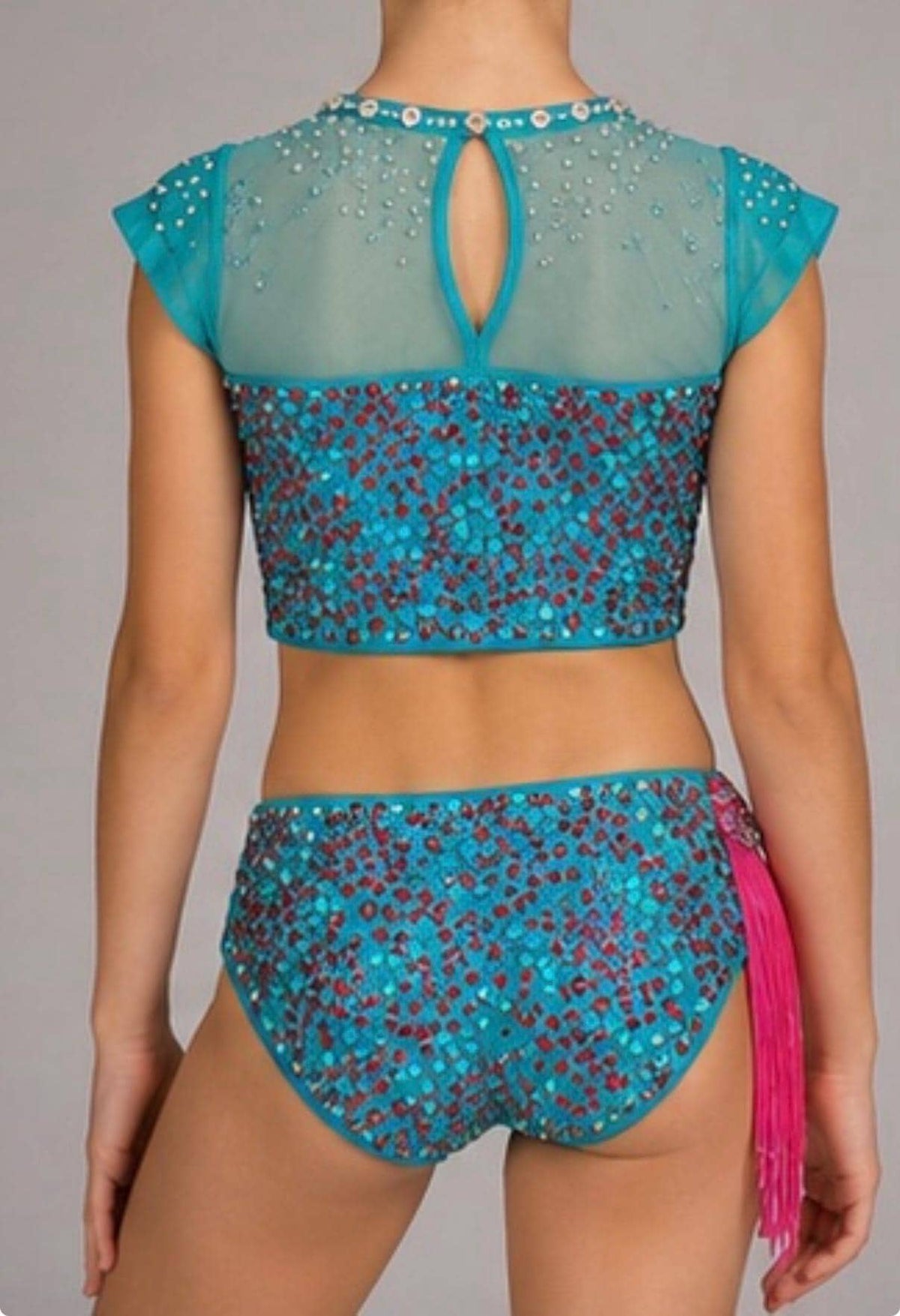 Aqua & Hot Pink Fringe Dance Costume (Child Size 6) -  "Aztec Vibe"