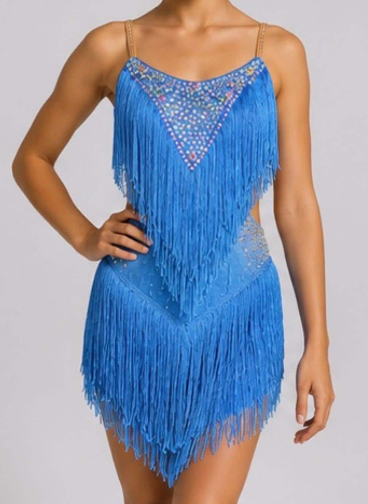 Multi-Tier Fringe Dress Dance Costume | Rhinestone Bodice | Girls Size 10 | Latin Jazz Performance - "Ocean Fringe"