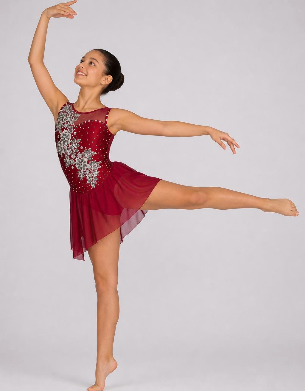 Duet Dance Costume (1 of 2) | Floral Rhinestone Applique Leotard with Chiffon Skirt | Girls Size 6 | Lyrical Contemporary - "Crimson Bloom"
