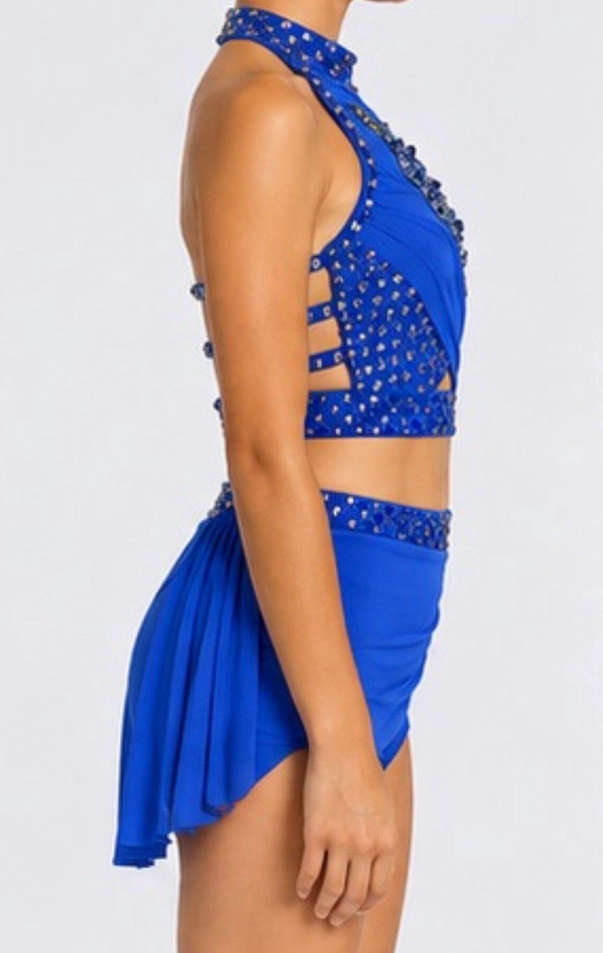 Blue Lyrical Dance Costume 2 Piece Covered in Rhinestones with Floral Appliqué – Child Size 12 (140–150 cm) - "Azure Petals"
