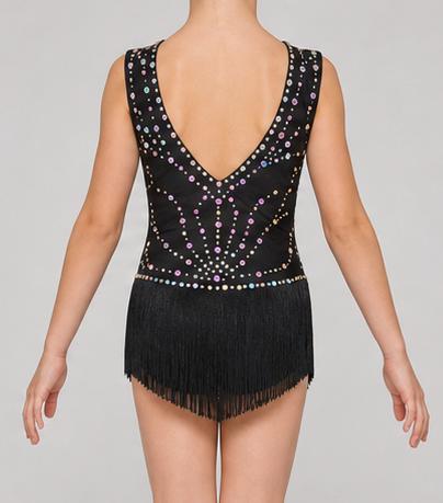 Dance Costume Leotard | AB Rhinestone Fringe | Girls Size 8 | Latin Jazz Performance - "Black Ice"