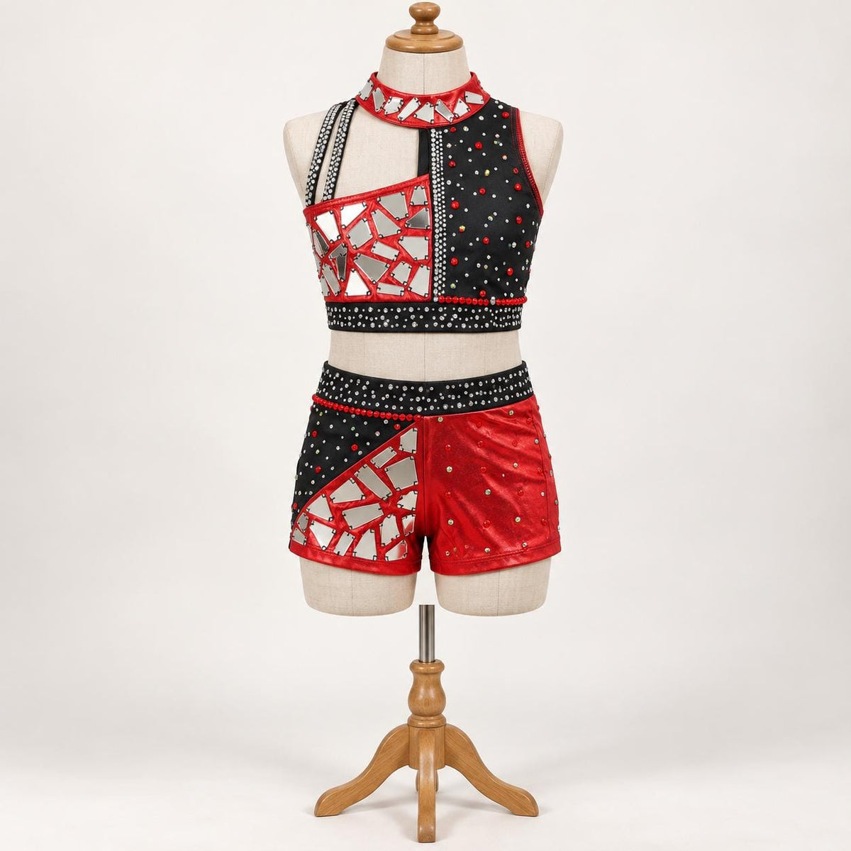 Red & Black Mirror Dance Costume, Child Size 10, Rhinestone Top and Shorts Set - "Crimson Prism"