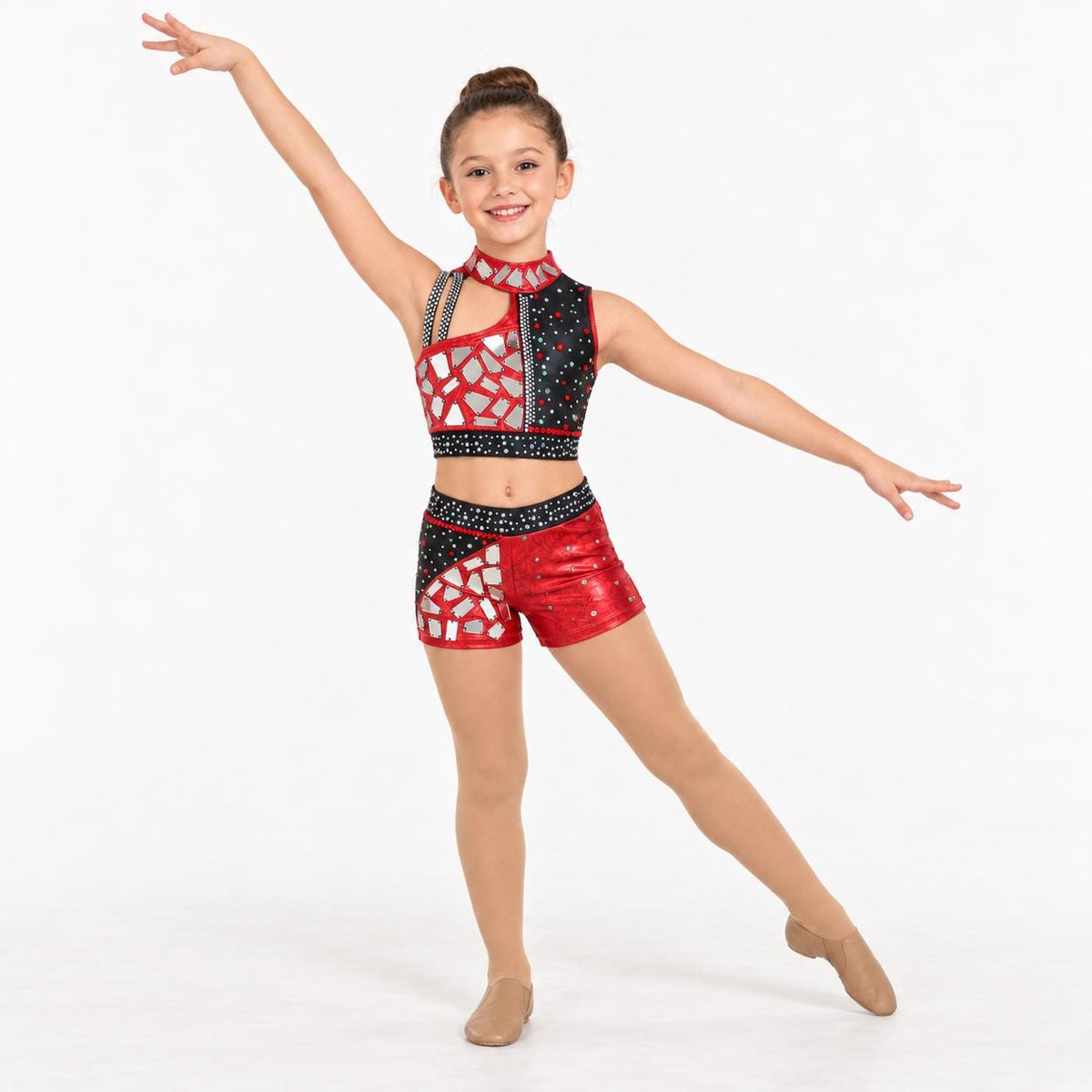Red & Black Mirror Dance Costume, Child Size 10, Rhinestone Top and Shorts Set - "Crimson Prism"