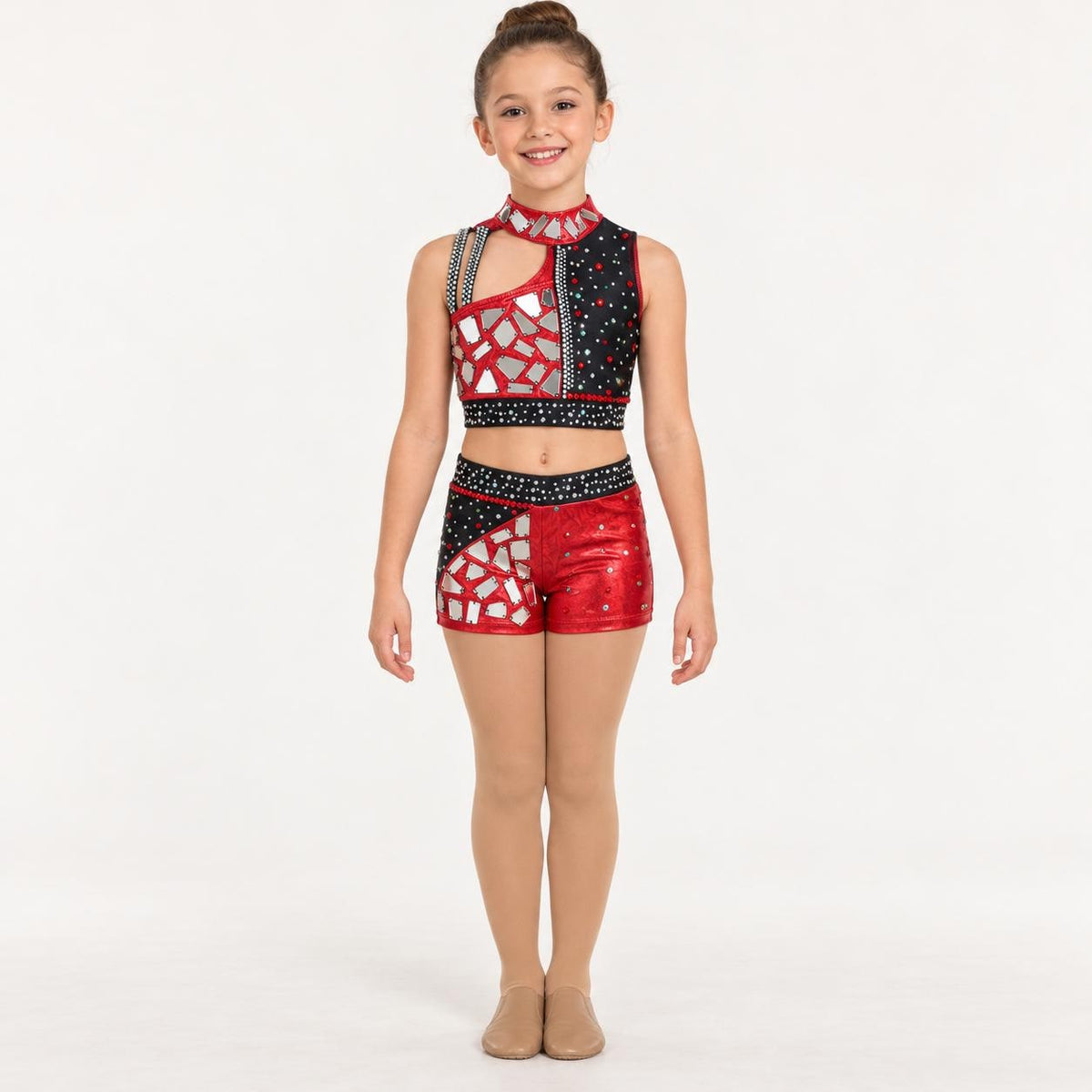 Red & Black Mirror Dance Costume, Child Size 10, Rhinestone Top and Shorts Set - "Crimson Prism"