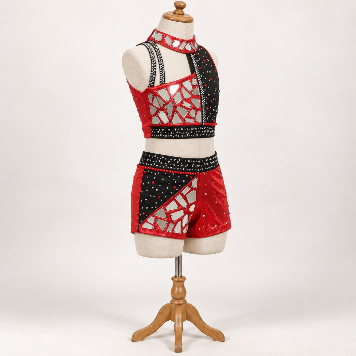 Red & Black Mirror Dance Costume, Child Size 10, Rhinestone Top and Shorts Set - "Crimson Prism"