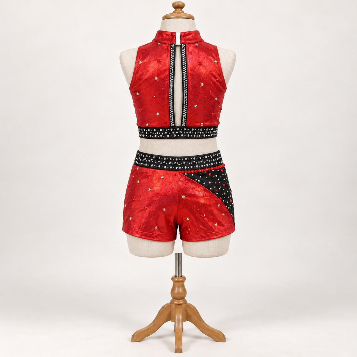 Red & Black Mirror Dance Costume, Child Size 10, Rhinestone Top and Shorts Set - "Crimson Prism"
