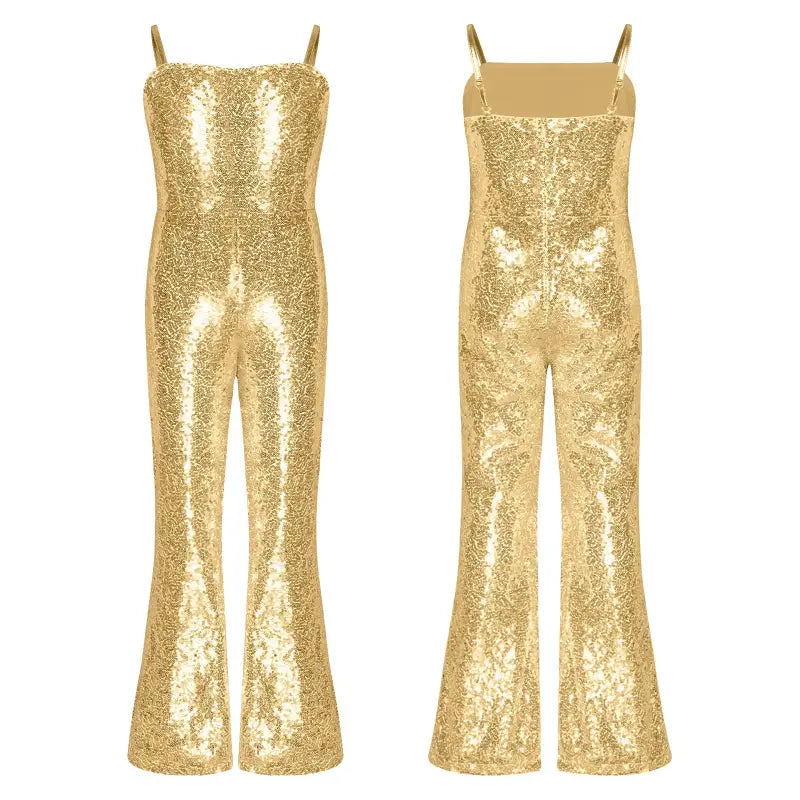Gold sequined jumpsuit with flared legs and spaghetti straps.