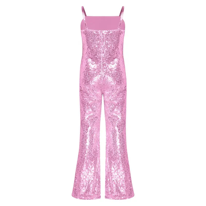 Pink sequined jumpsuit with flared legs and spaghetti straps.