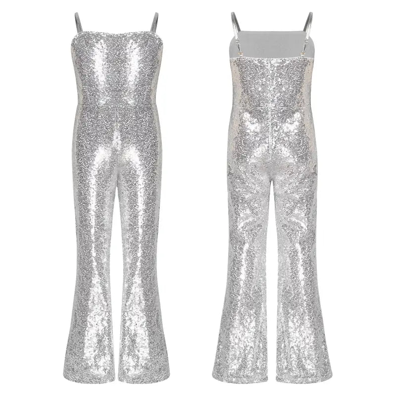Sparkly silver sequined jumpsuit with spaghetti straps and flared legs.