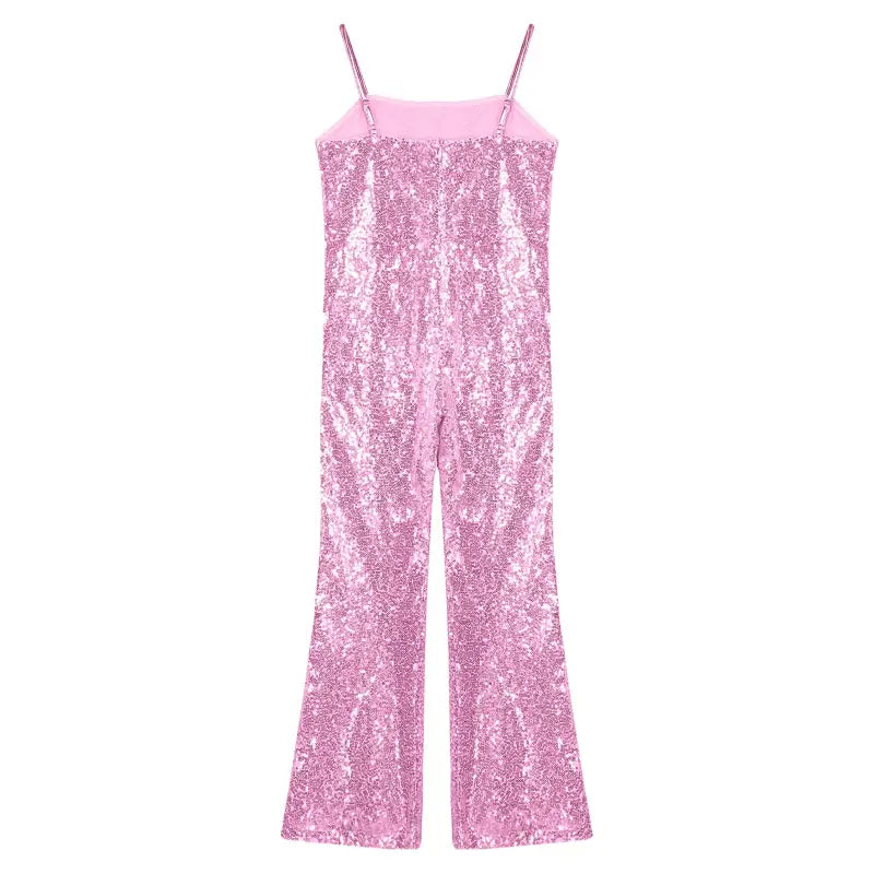 Pink sequined jumpsuit with spaghetti straps and flared legs.