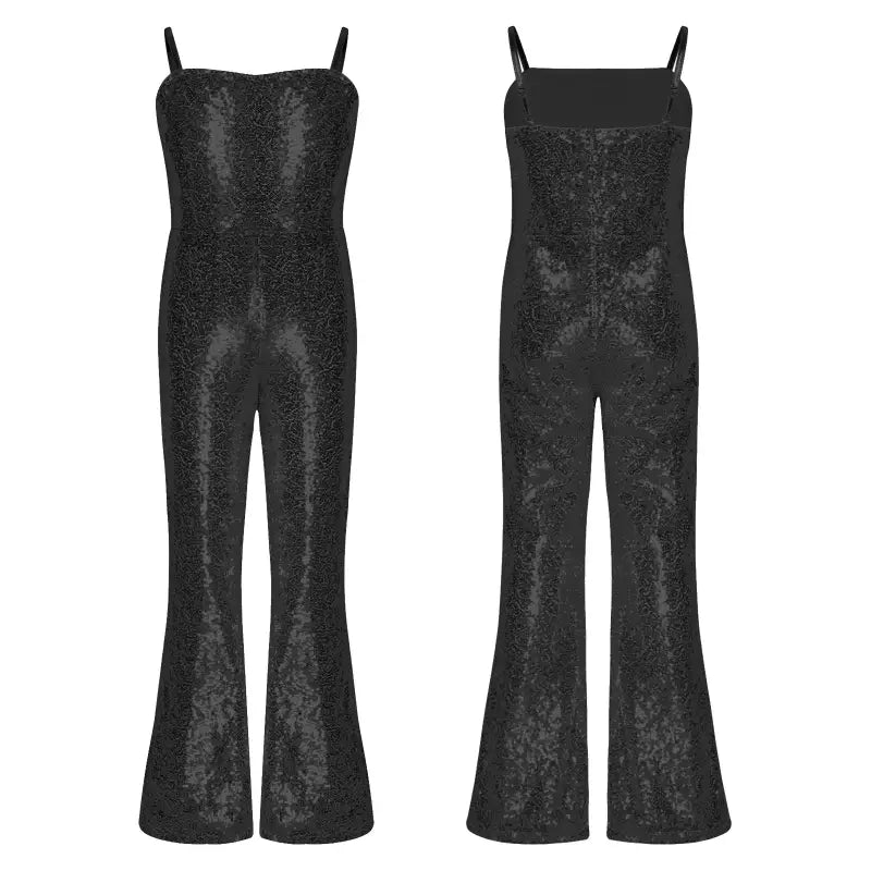 Black sparkly sleeveless jumpsuit with flared legs.