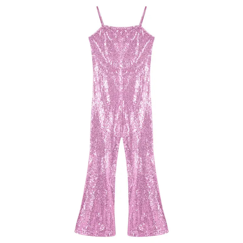 Pink sequined jumpsuit with spaghetti straps and flared legs.