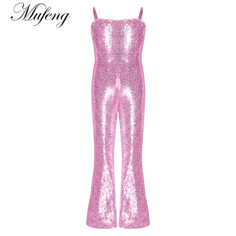 Pink sequined jumpsuit with spaghetti straps and flared legs.