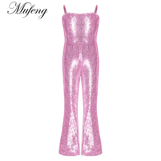 Pink sequined jumpsuit with spaghetti straps and flared legs.