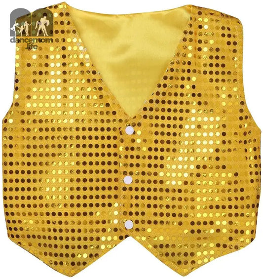 Kids Boys Girls Shiny Sequin Vest Jacket Waistcoat for Jazz Hip-Hop Street Dance Stage Performance Gold 10-12