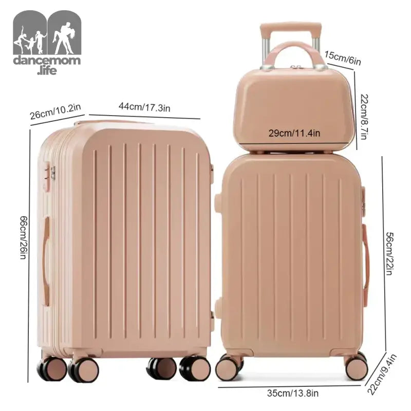 Pink/beige hardshell luggage set with wheels and telescoping handles.