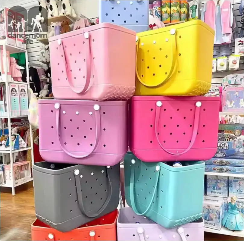 Colorful perforated tote bags.