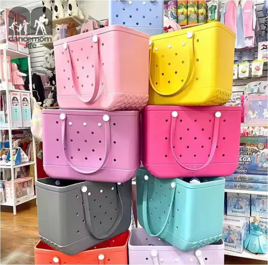 Colorful perforated tote bags.